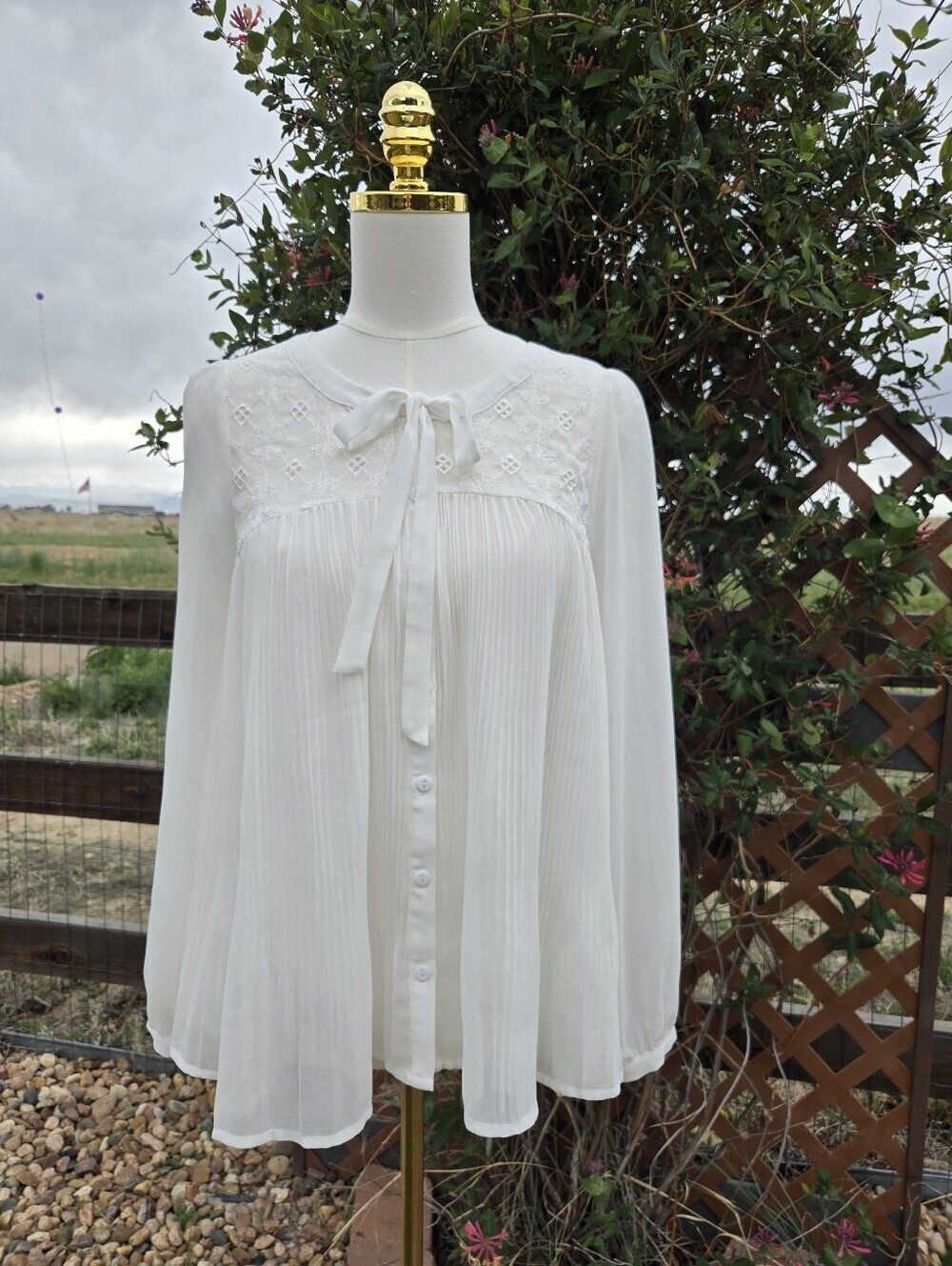 Doe & Rae Women’s White Pleated Tie-Neck Blouse Size Small NWOT